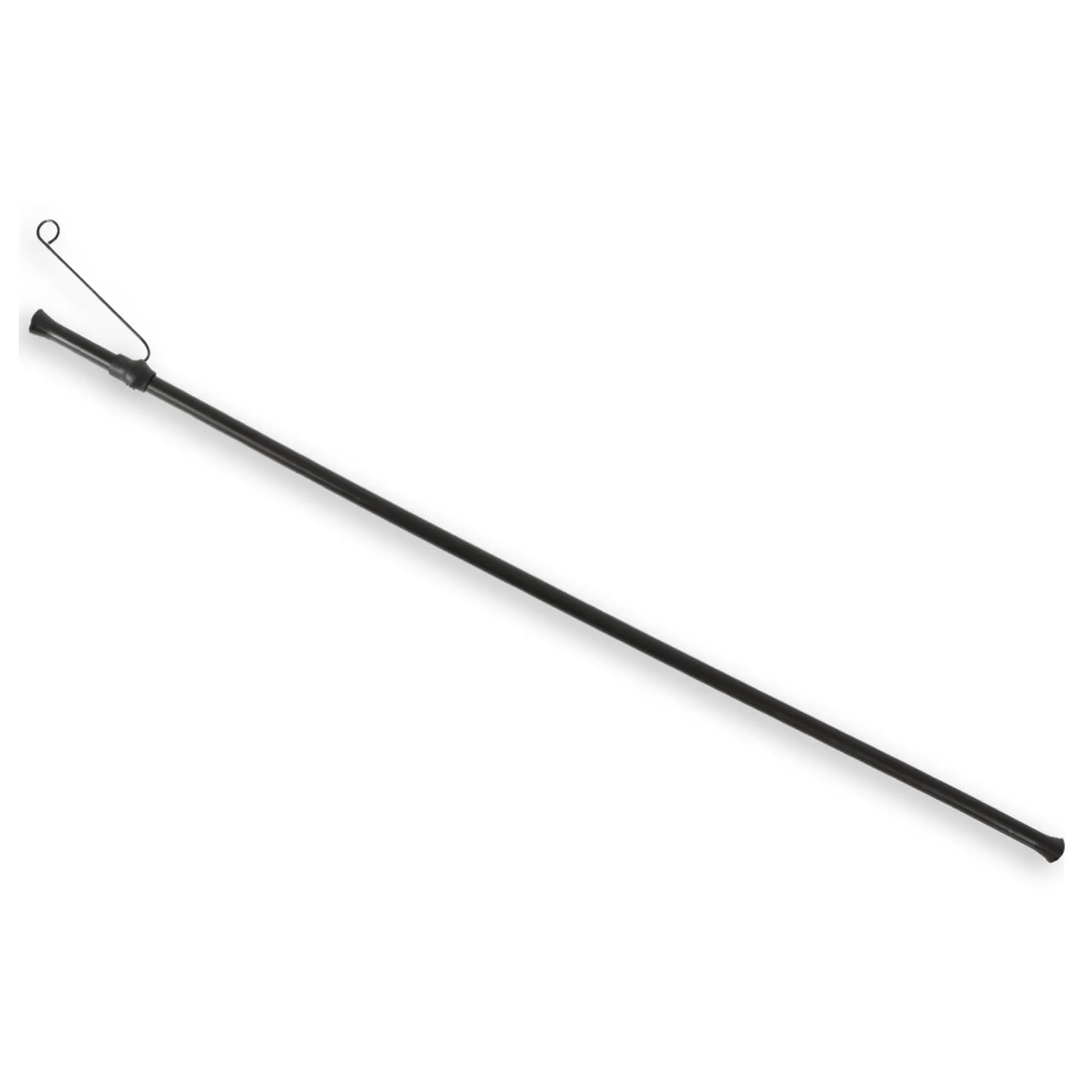 View of the longer black HP Velotechnik Gekko 26 Upper Chain Tube with attached spring clip against a white background.