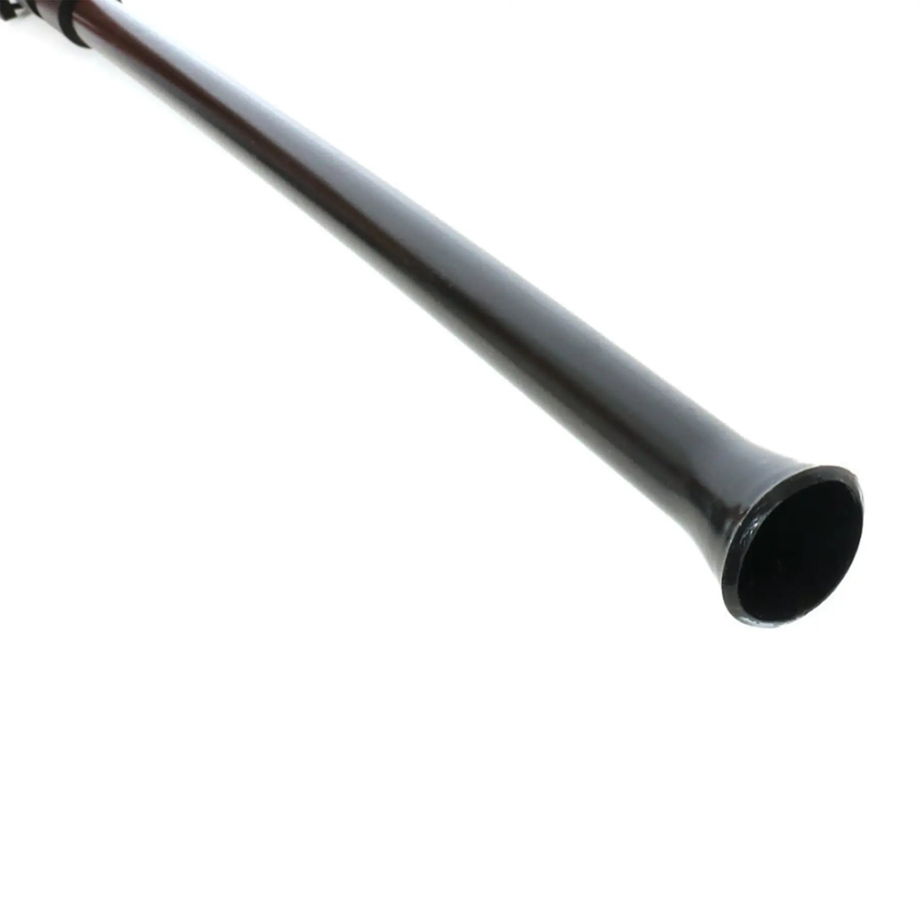 Closeup of the flared end of the black HP Velotechnik Gekko fx 20 Lower Chain Tube against a white background.