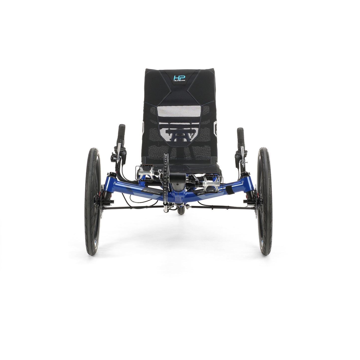 Front view of the HP Velotechnik Gekko fx 20 Sport Recumbent Trike in Deep Blue against a white background.