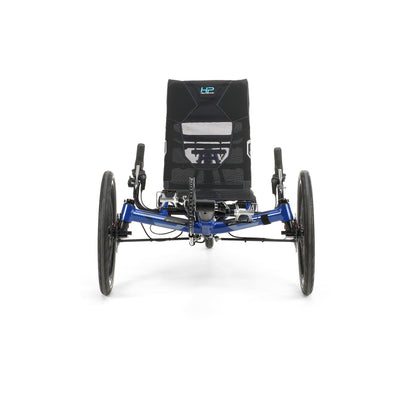 Front view of the HP Velotechnik Gekko fx 20 Sport Recumbent Trike in Deep Blue against a white background.