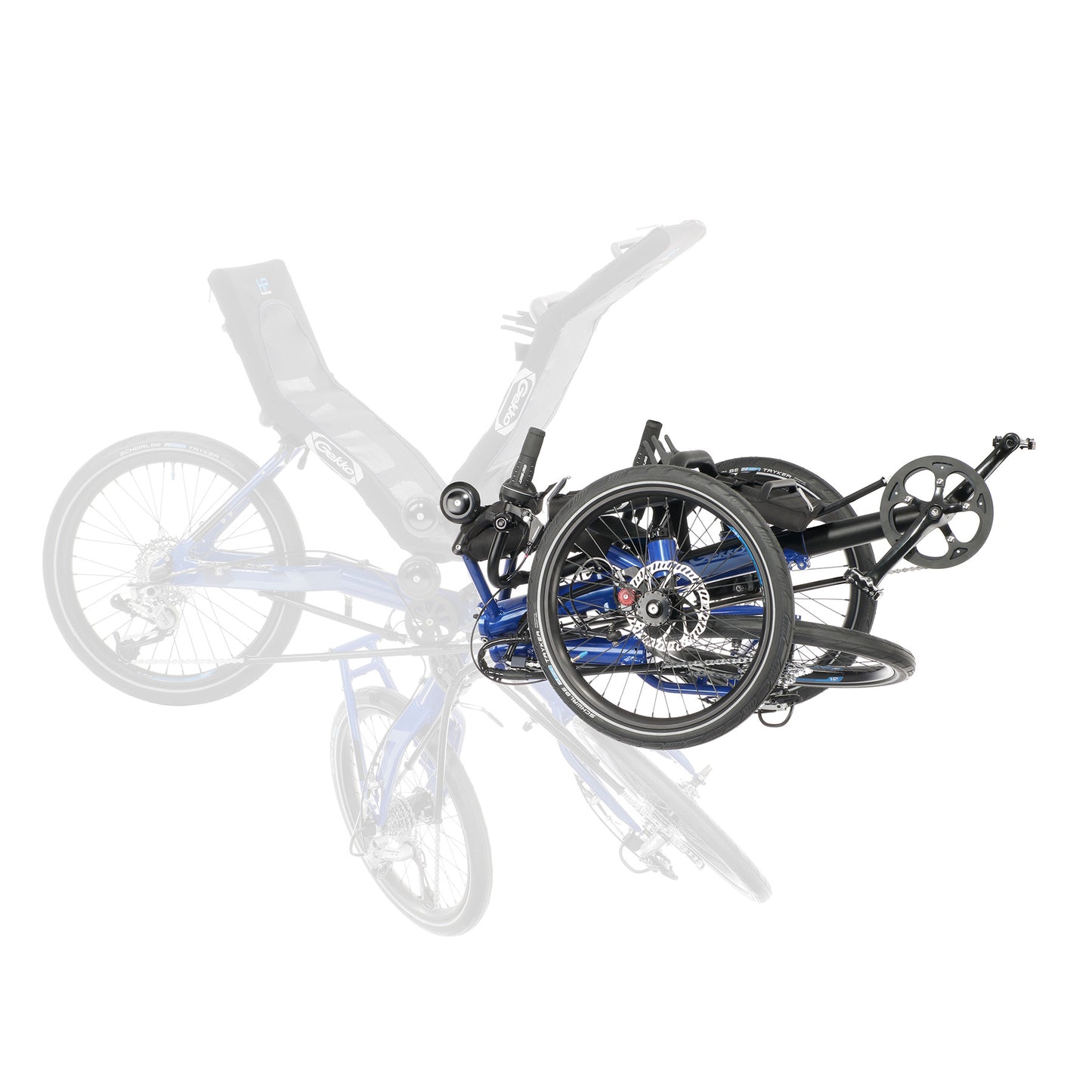 Folding process view of the HP Velotechnik Gekko fx 20 Sport Recumbent Trike in Deep Blue against a white background.