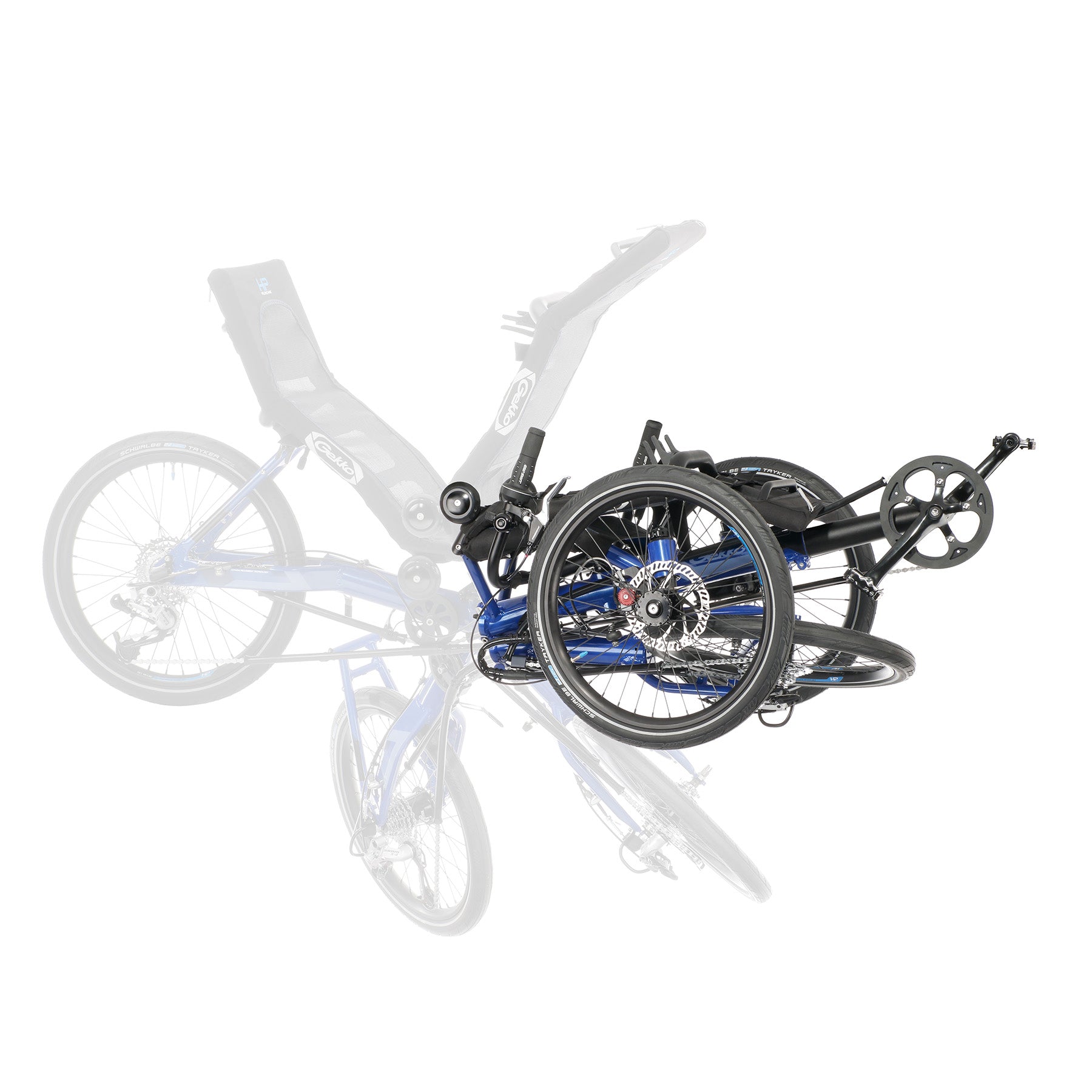 Folding process view of the HP Velotechnik Gekko fx 20 Sport Recumbent Trike in Deep Blue against a white background.