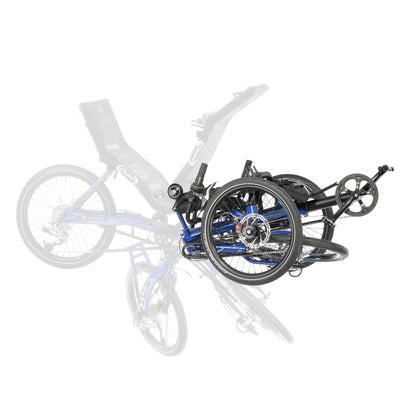 Folding process view of the HP Velotechnik Gekko fx 20 Sport Recumbent Trike in Deep Blue against a white background.