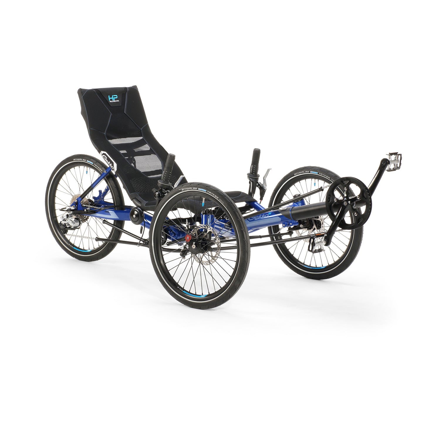 Angled side view of the HP Velotechnik Gekko fx 20 Sport Recumbent Trike in Deep Blue against a white background.