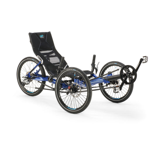 Angled side view of the HP Velotechnik Gekko fx 20 Sport Recumbent Trike in Deep Blue against a white background.