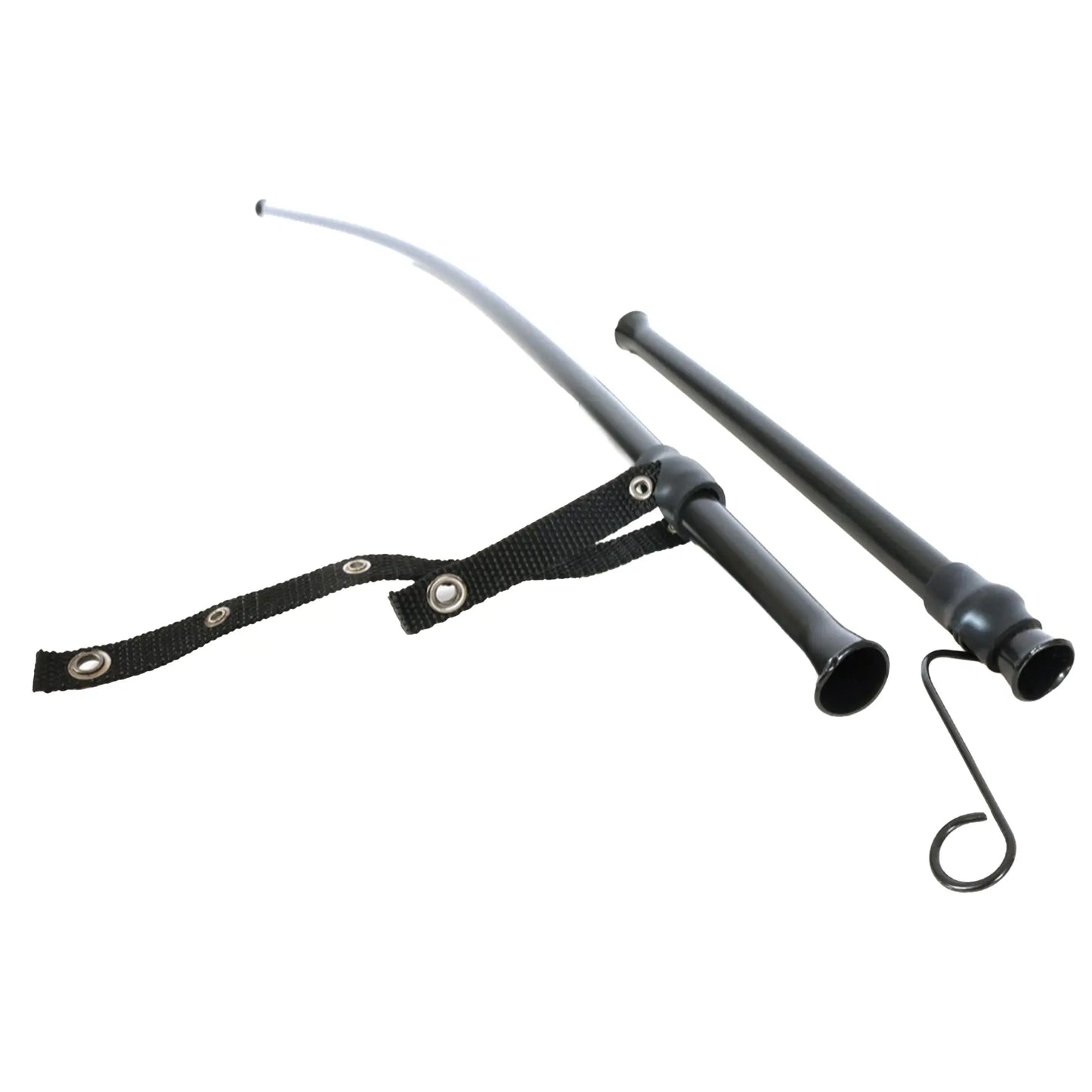 Closeup view of the flared ends of the black HP Velotechnik Gekko fx 20 Upper Chain Tube Set against a white background. Shows mounting strap and spring clip.