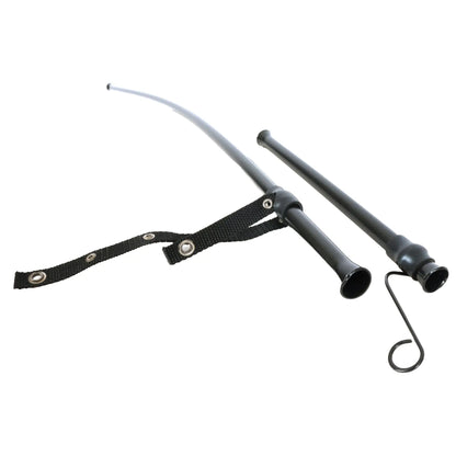 Closeup view of the flared ends of the black HP Velotechnik Gekko fx 20 Upper Chain Tube Set against a white background. Shows mounting strap and spring clip.