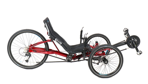 HP Velotechnik recumbent trike with 26 inch rear wheel and 20 inch front wheels in dark red frame, right profile view