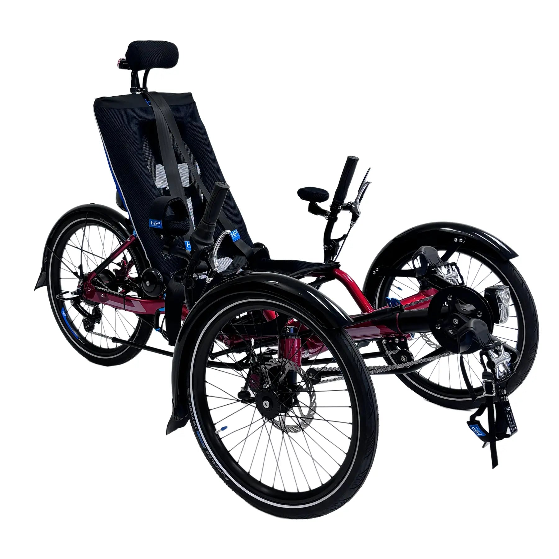 Anlged side view of the HP Velotechnik Gekko fxs Magma Red Recumbent Trike with Accessories against a white background.