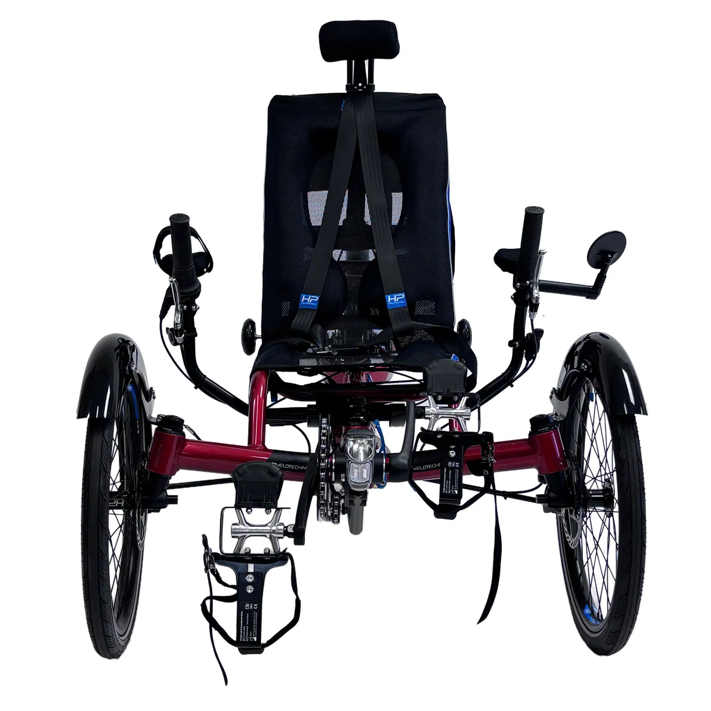 Front view of the HP Velotechnik Gekko fxs Magma Red Recumbent Trike with Accessories against a white background.