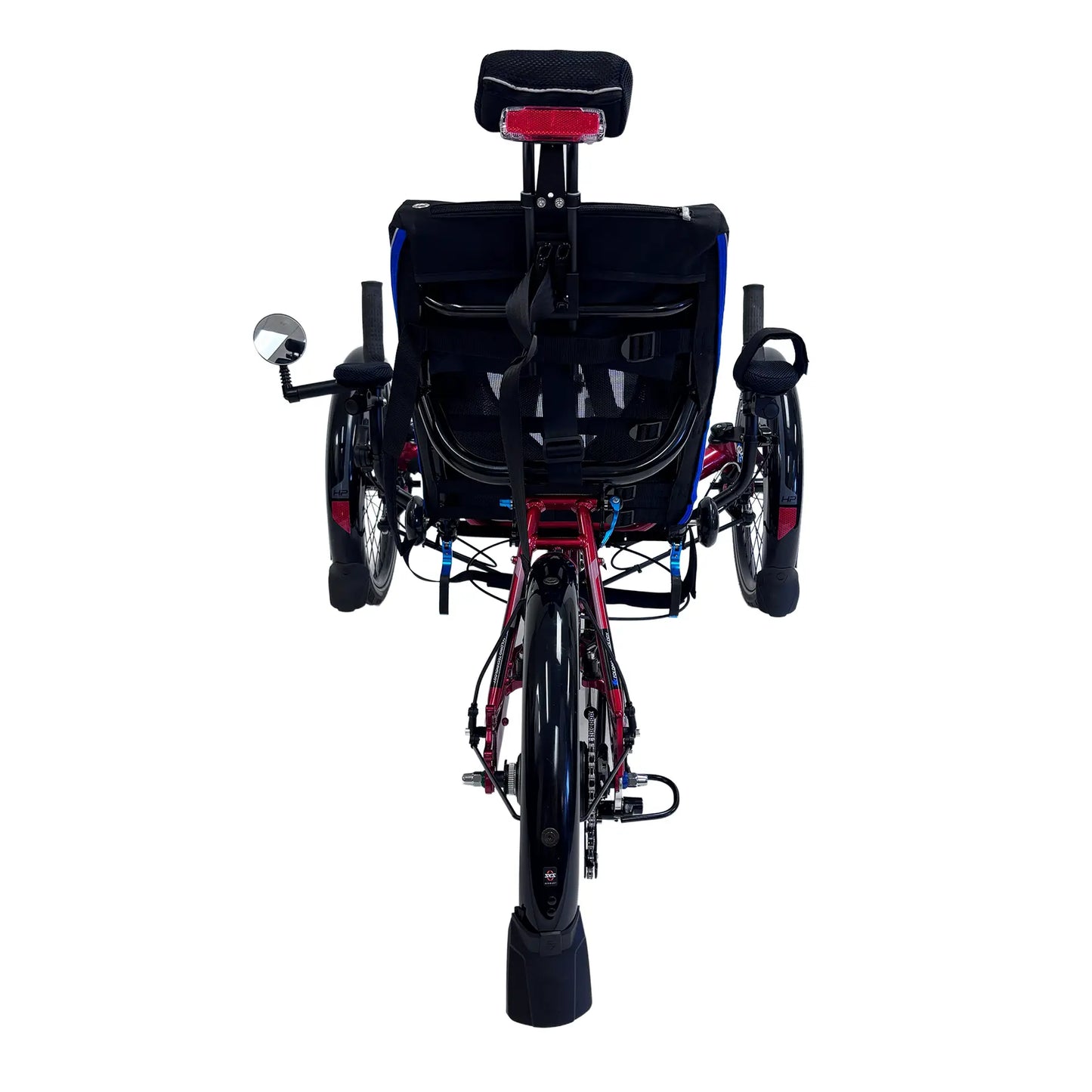 Rear view of the HP Velotechnik Gekko fxs Magma Red Recumbent Trike with Accessories against a white background.