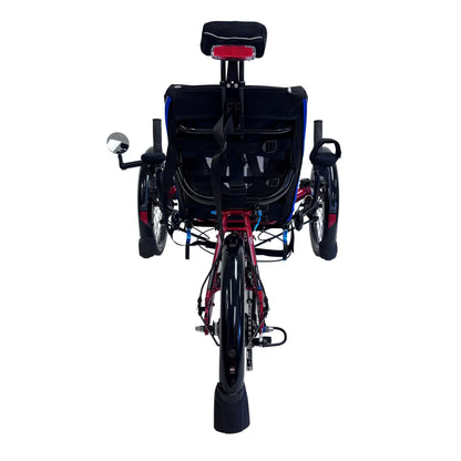 Rear view of the HP Velotechnik Gekko fxs Magma Red Recumbent Trike with Accessories against a white background.