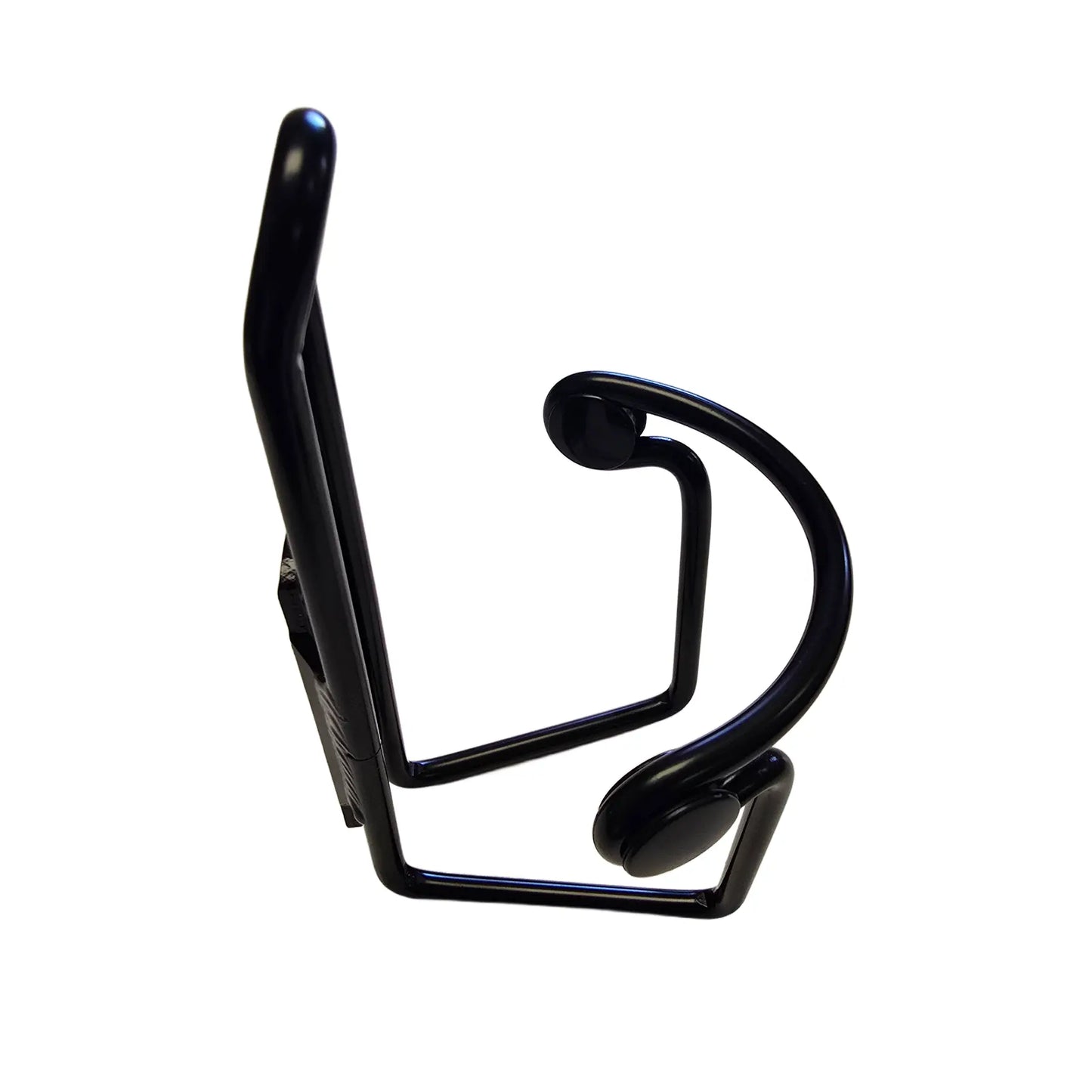 Side view of the HP Velotechnik Take Off Black Bottle Cage against a white background.