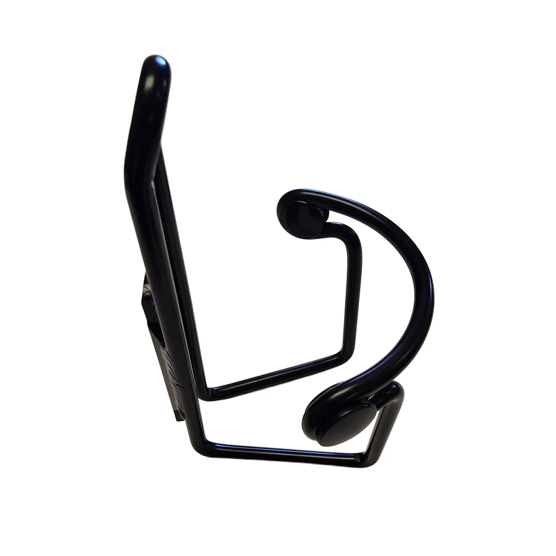 Side view of the HP Velotechnik Take Off Black Bottle Cage against a white background.