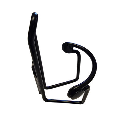 Side view of the HP Velotechnik Take Off Black Bottle Cage against a white background.