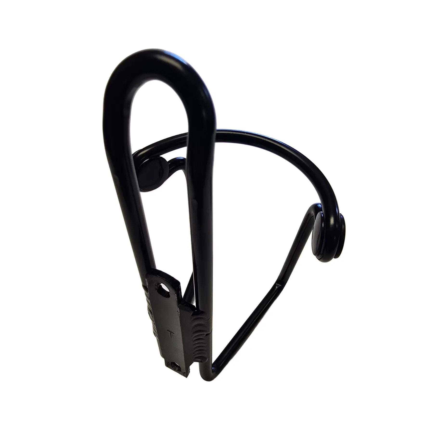 Angled back view of the HP Velotechnik Take Off Black Bottle Cage against a white background.