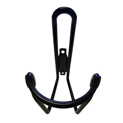 Top view of the HP Velotechnik Take Off Black Bottle Cage against a white background.