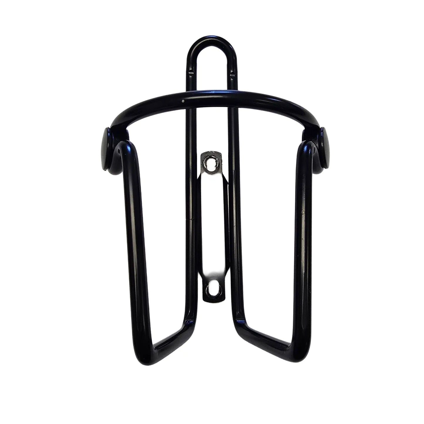 Front view of the HP Velotechnik Take Off Black Bottle Cage against a white background.