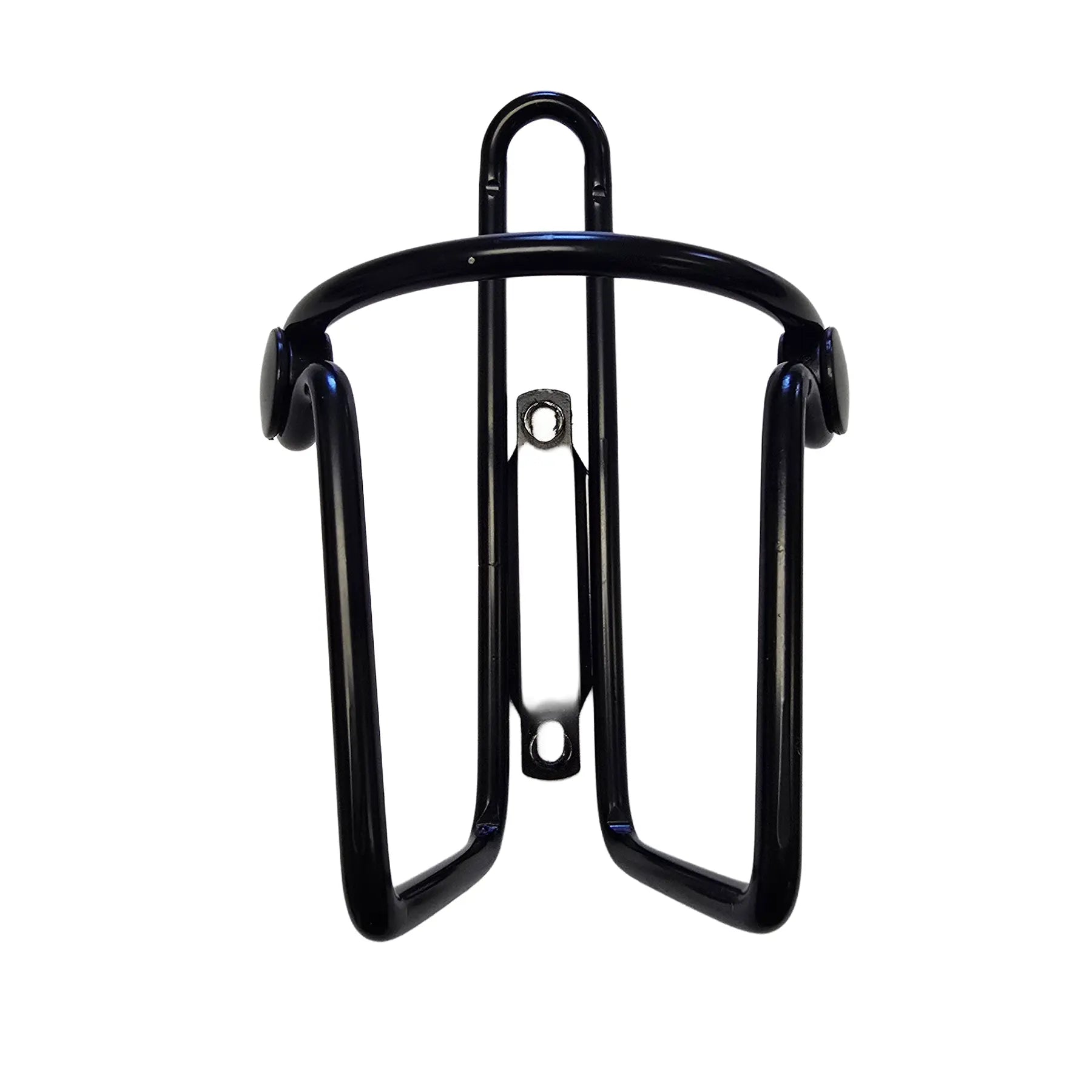 Front view of the HP Velotechnik Take Off Black Bottle Cage against a white background.