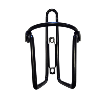 Front view of the HP Velotechnik Take Off Black Bottle Cage against a white background.