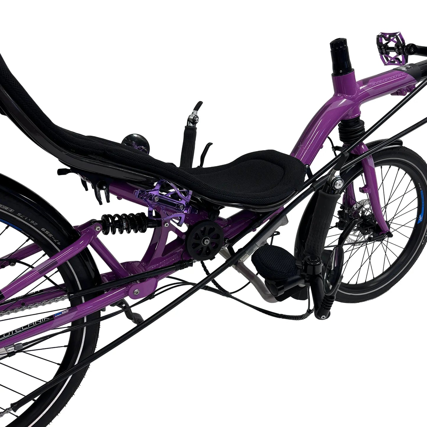 Closeup view of the seat nad bottle cages on the HP Velotechnik Used 2024 Speedmachine Purple Recumbent Bike against a white background.