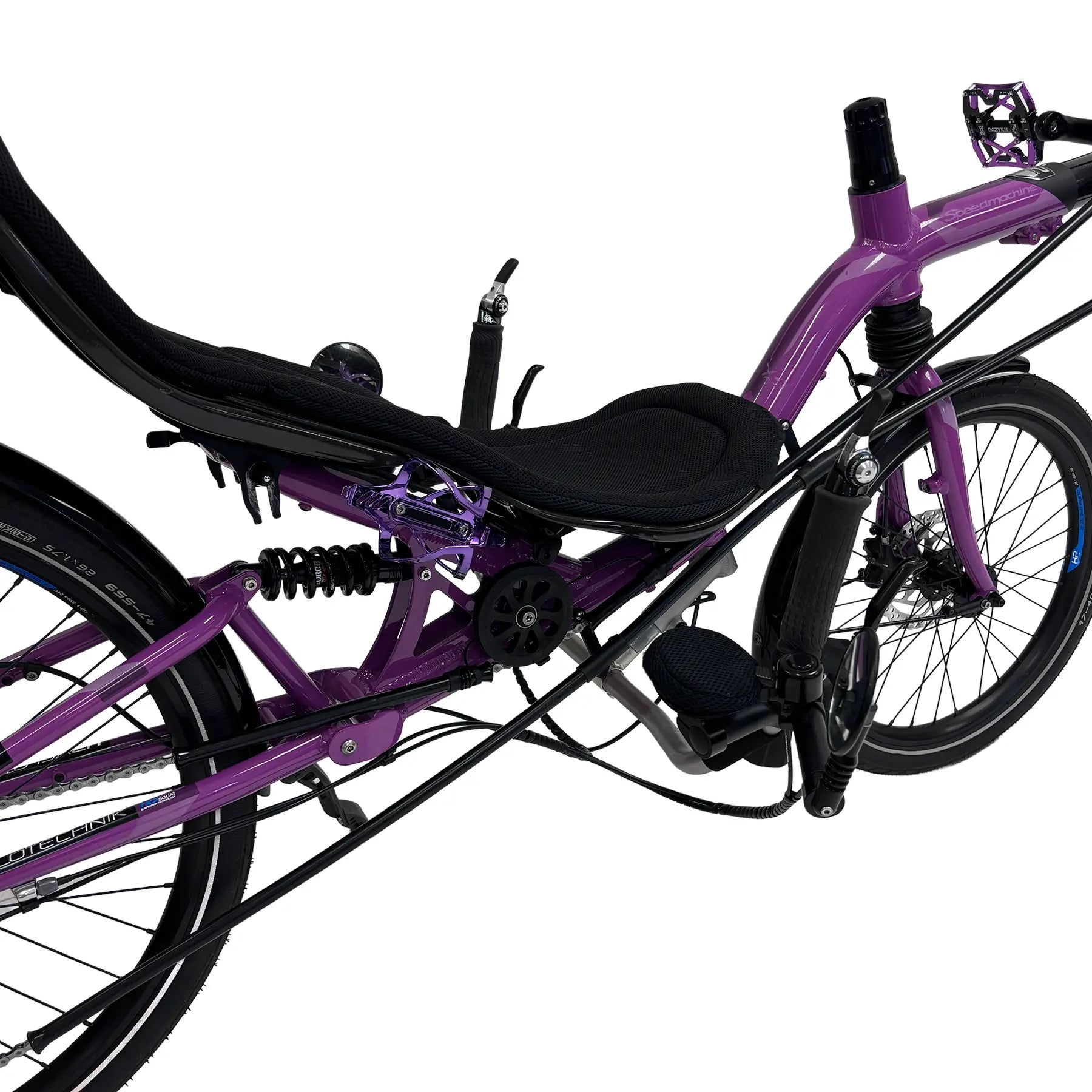 Closeup view of the seat nad bottle cages on the HP Velotechnik Used 2024 Speedmachine Purple Recumbent Bike against a white background.