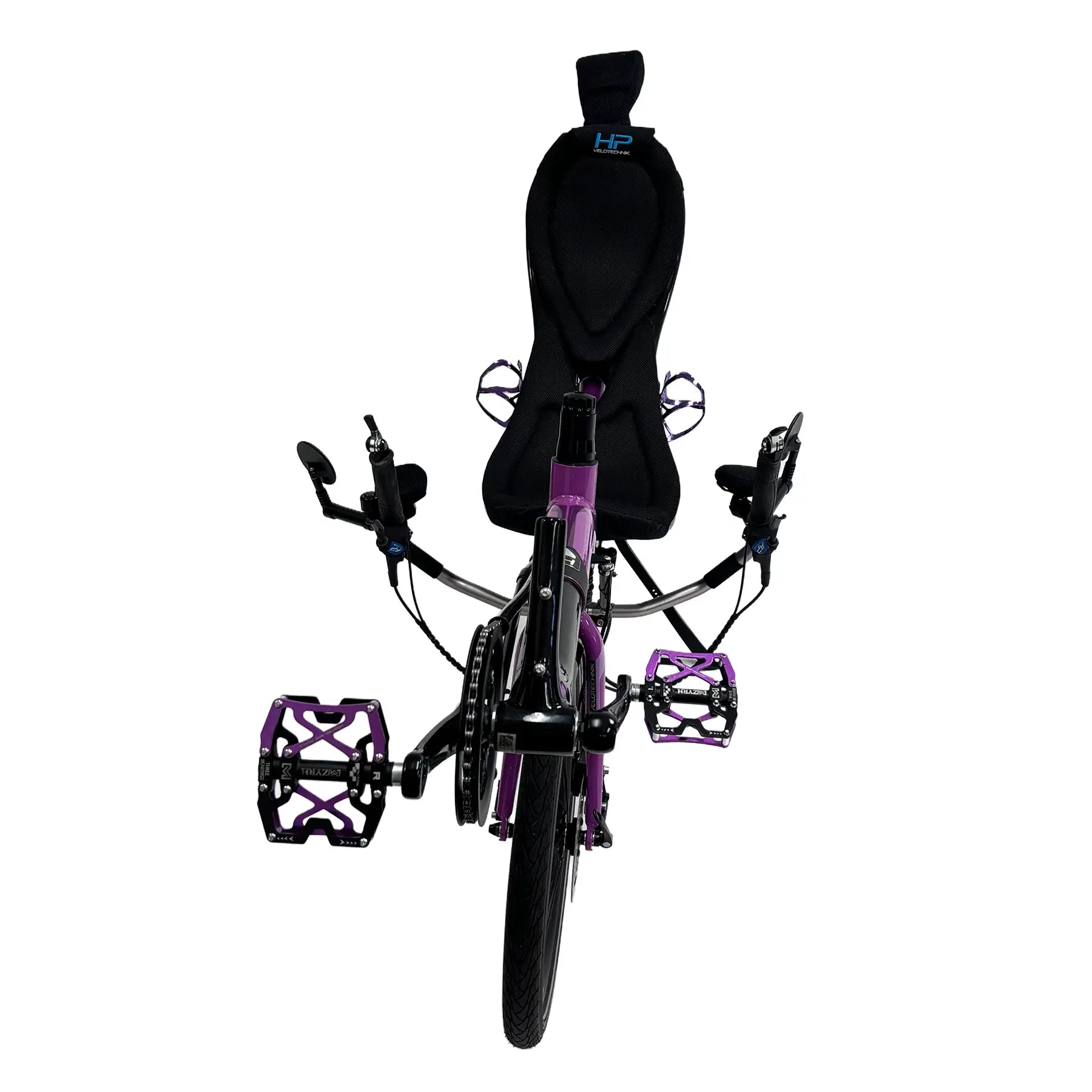 Front view of the HP Velotechnik Used 2024 Speedmachine Purple Recumbent Bike against a white background.