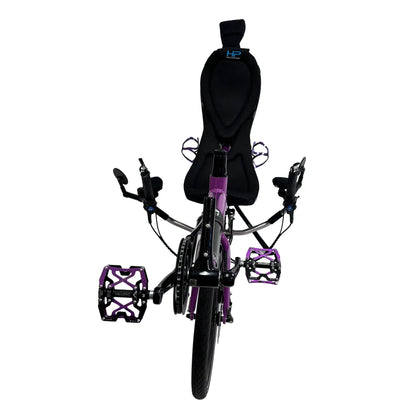 Front view of the HP Velotechnik Used 2024 Speedmachine Purple Recumbent Bike against a white background.
