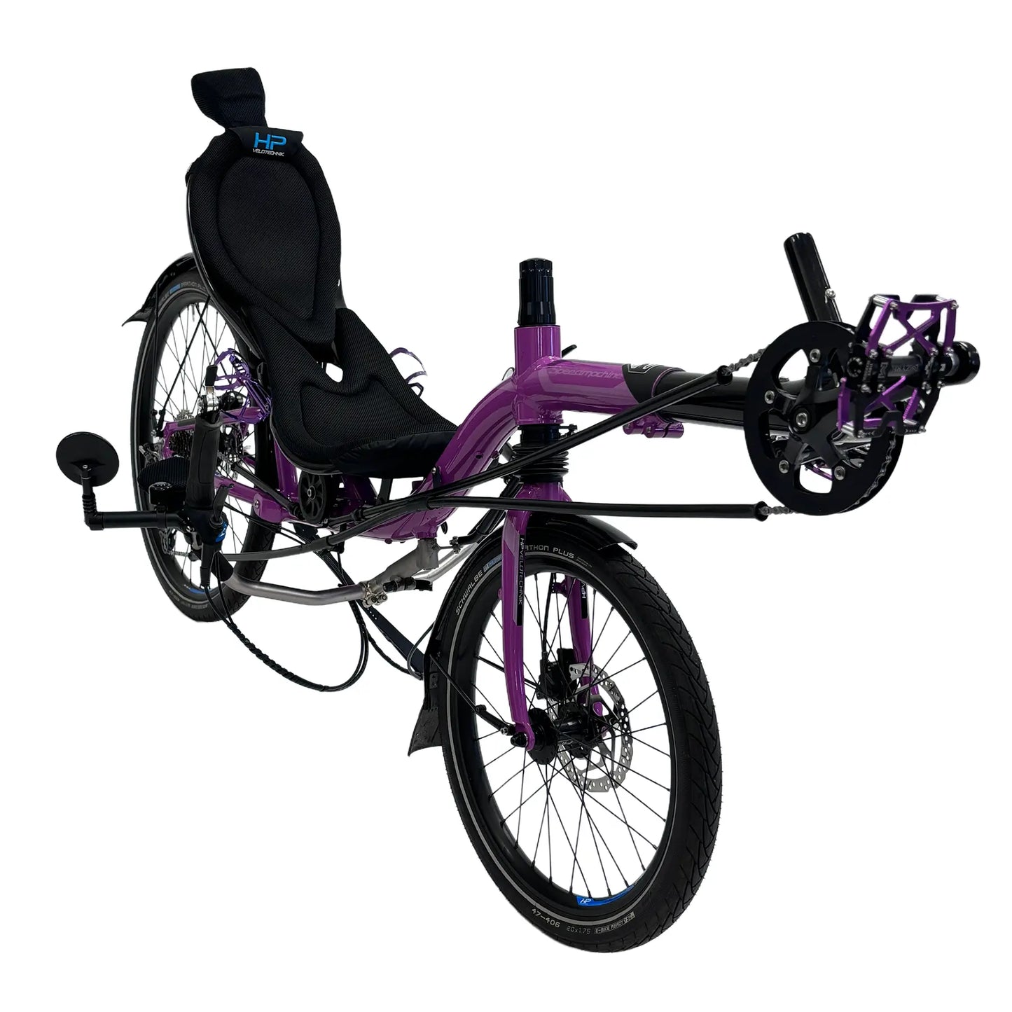 Angled side view of the HP Velotechnik Used 2024 Speedmachine Purple Recumbent Bike against a white background.