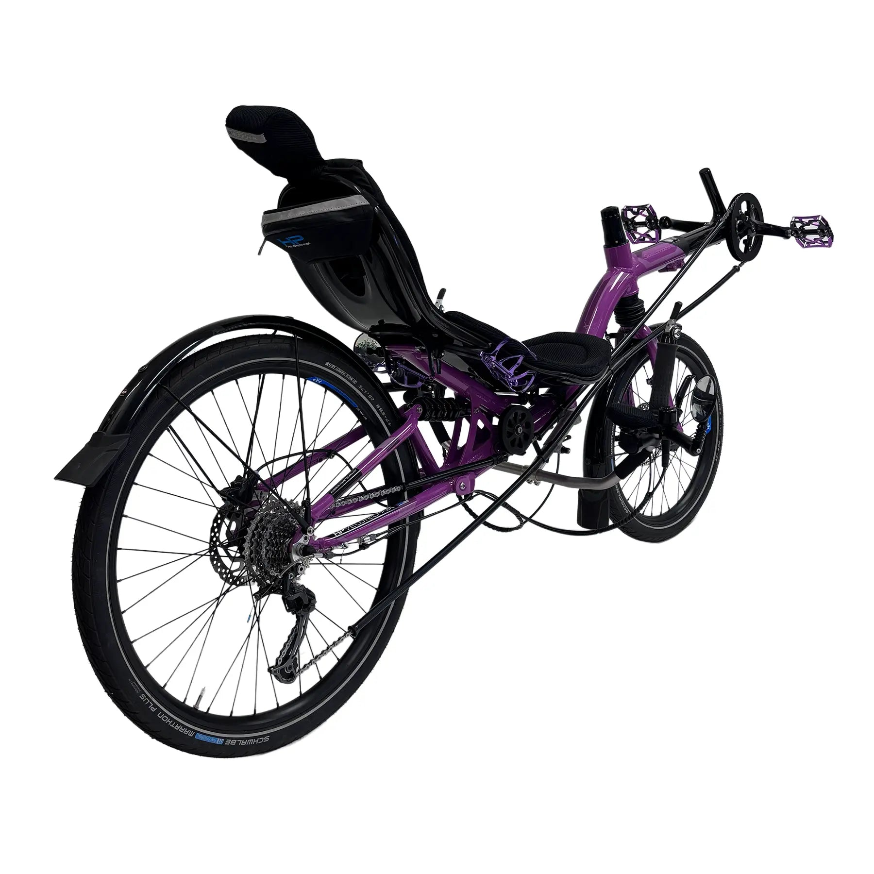 Angled rear side view of the HP Velotechnik Used 2024 Speedmachine Purple Recumbent Bike against a white background.