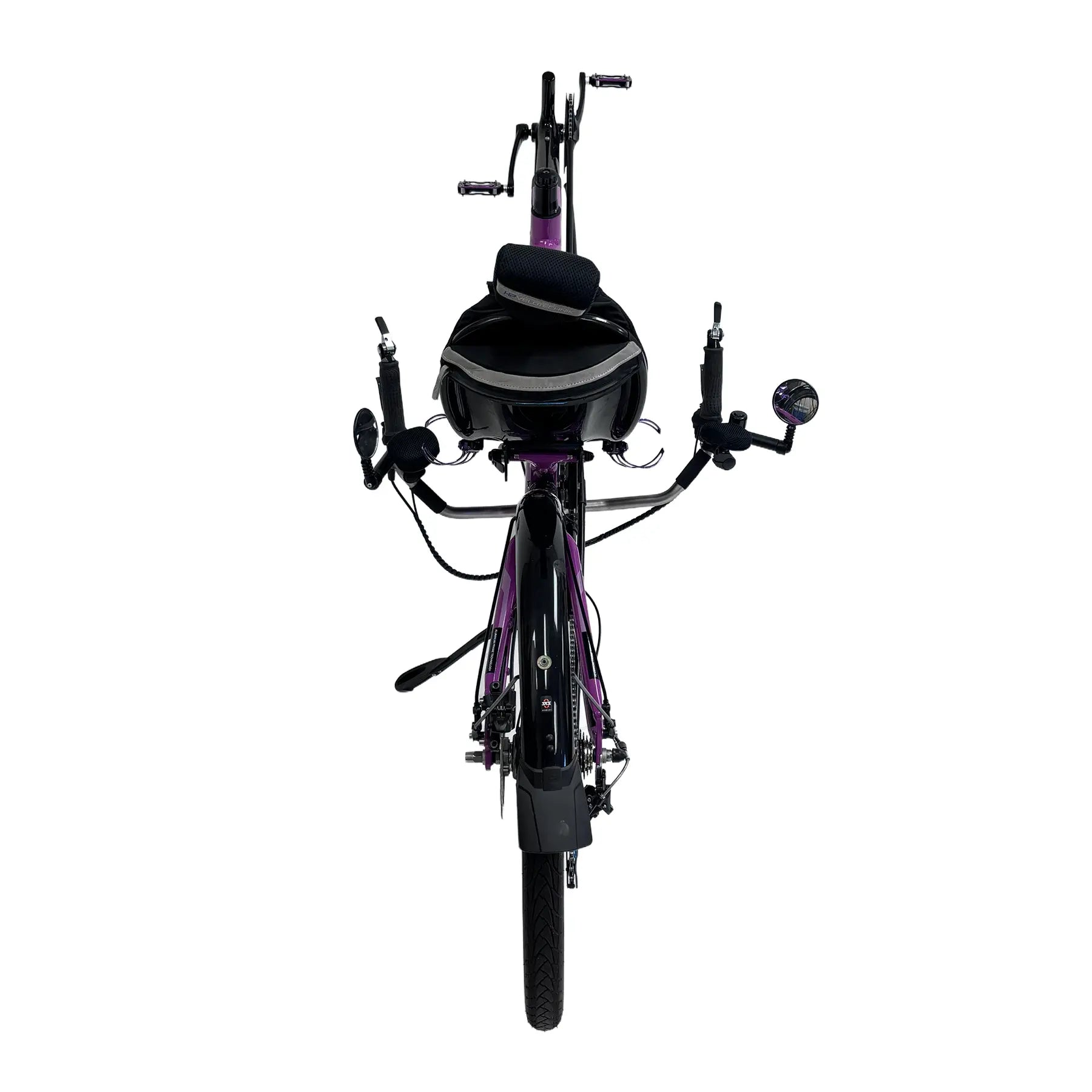 Rear view of the HP Velotechnik Used 2024 Speedmachine Purple Recumbent Bike against a white background.