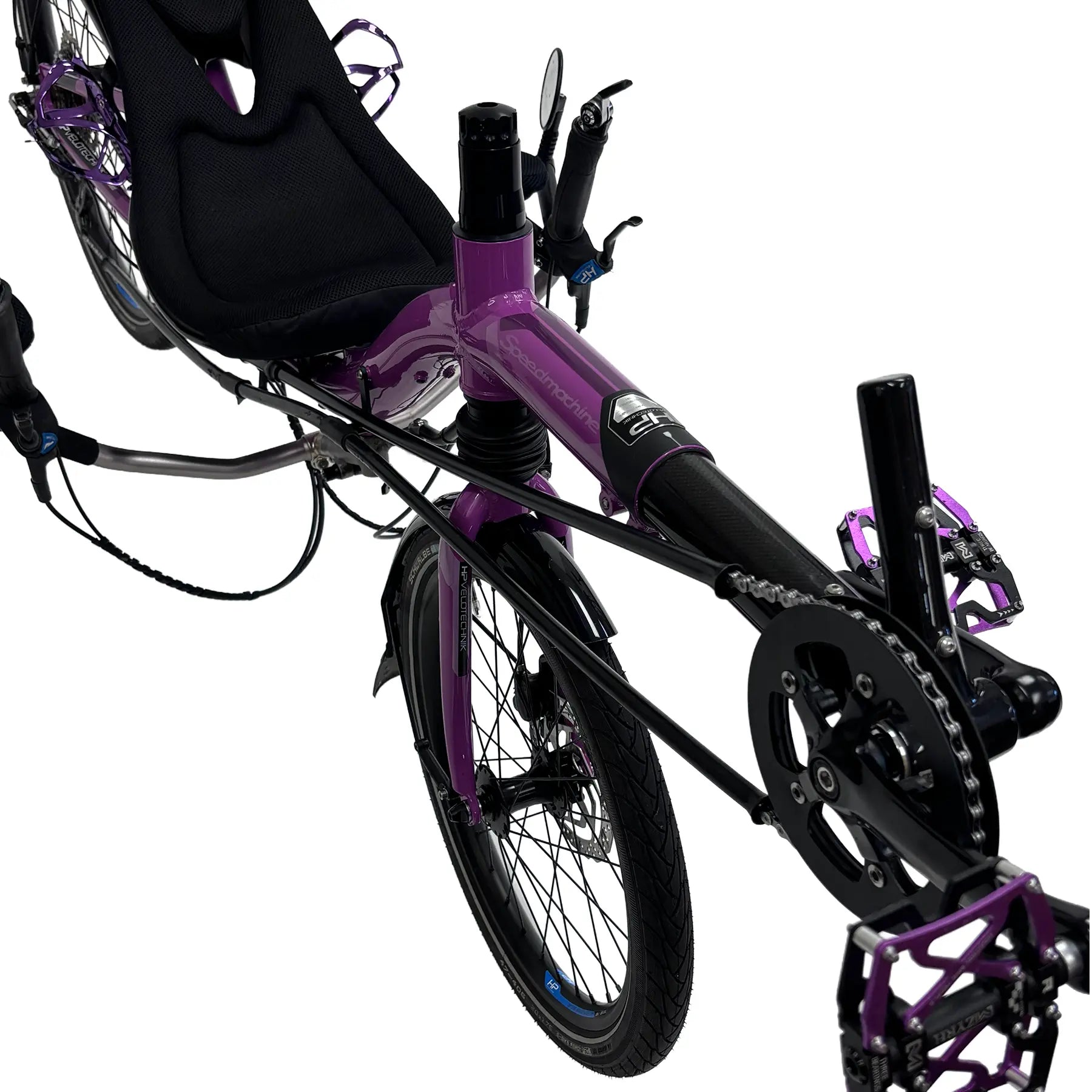 Closeup front view of the HP Velotechnik Used 2024 Speedmachine Purple Recumbent Bike against a white background.