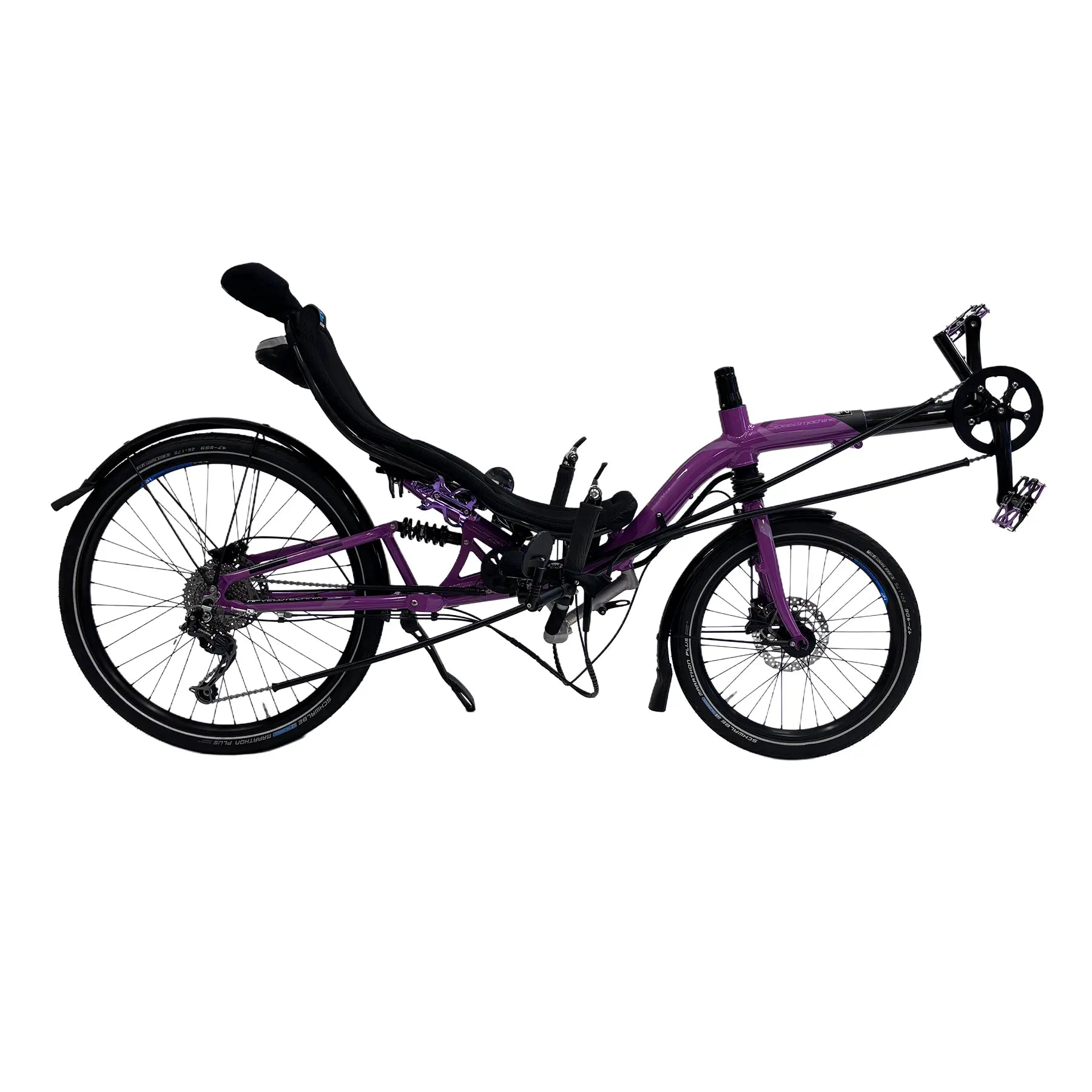 Side view of the HP Velotechnik Used 2024 Speedmachine Purple Recumbent Bike against a white background.