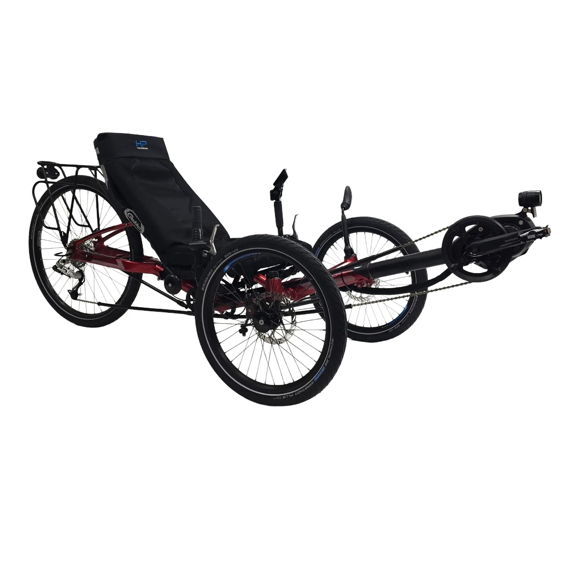 Angled side view of the HP Velotechnik Used Gekko FX 26 Red Recumbent Trike with New Shimano STEPS EP8 Kit against a white background.