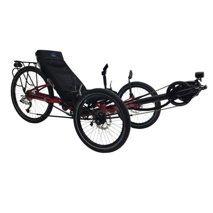 Angled side view of the HP Velotechnik Used Gekko FX 26 Red Recumbent Trike with New Shimano STEPS EP8 Kit against a white background.