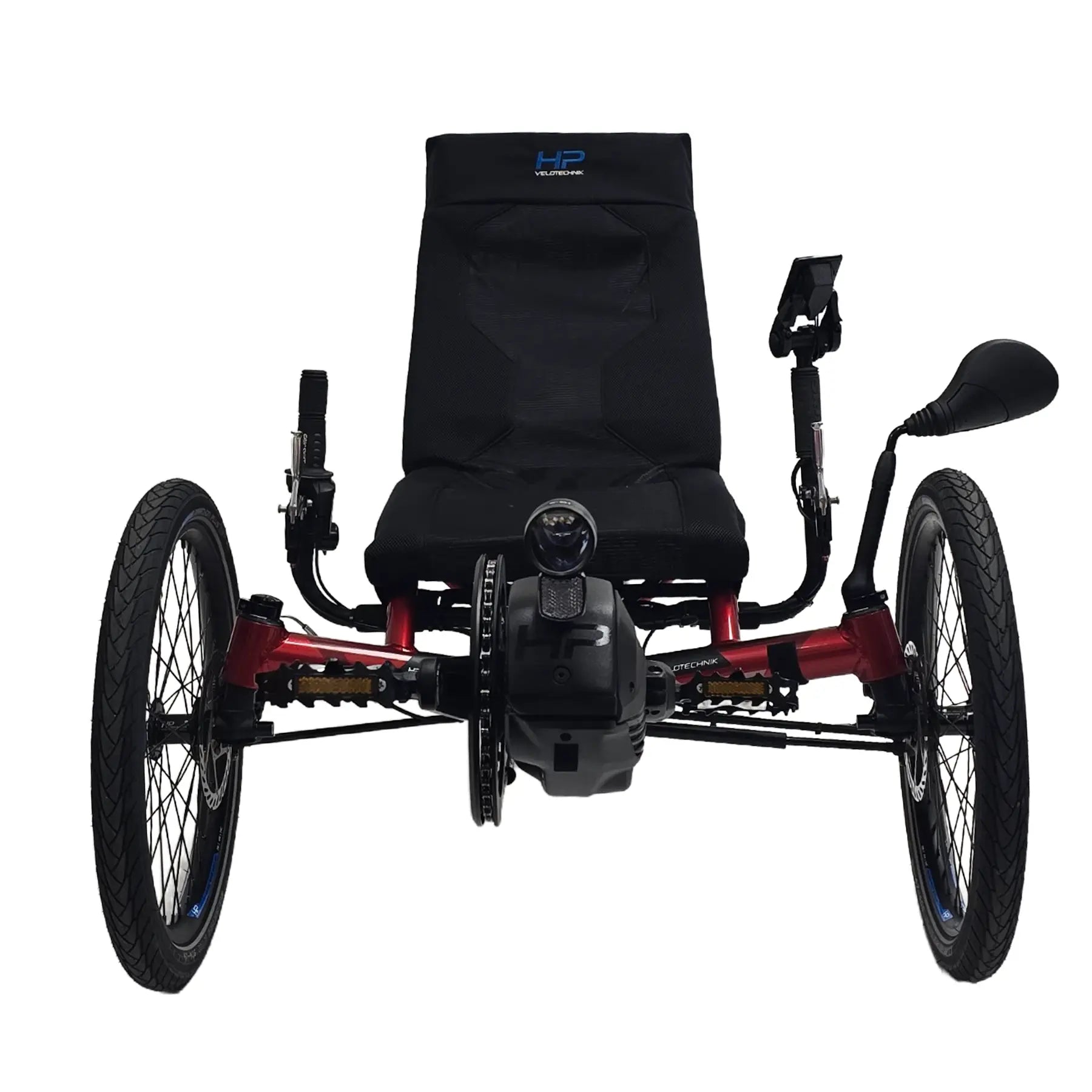 Front view of the HP Velotechnik Used Gekko FX 26 Red Recumbent Trike with New Shimano STEPS EP8 Kit against a white background.