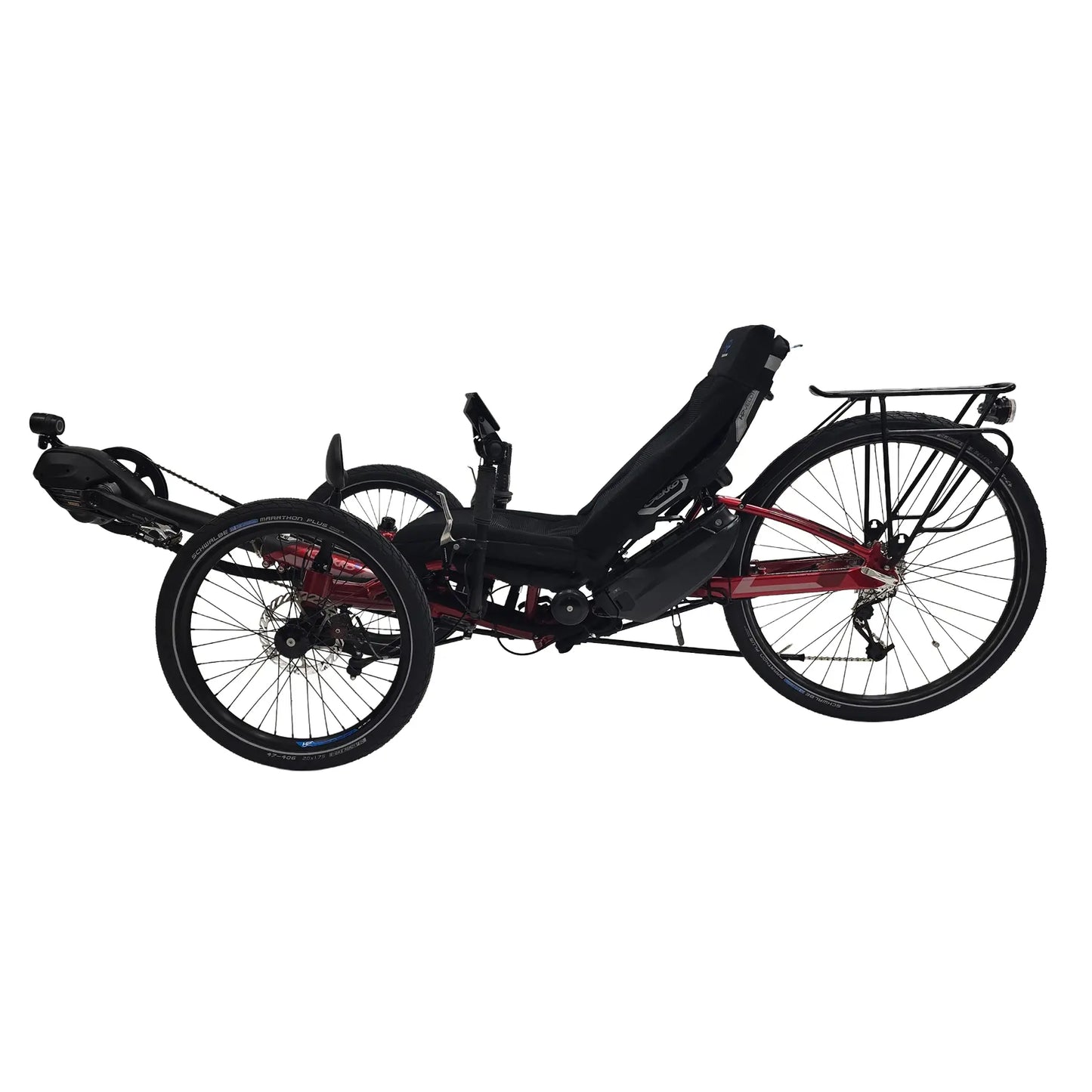 Non-drive side view of the HP Velotechnik Used Gekko FX 26 Red Recumbent Trike with New Shimano STEPS EP8 Kit against a white background.