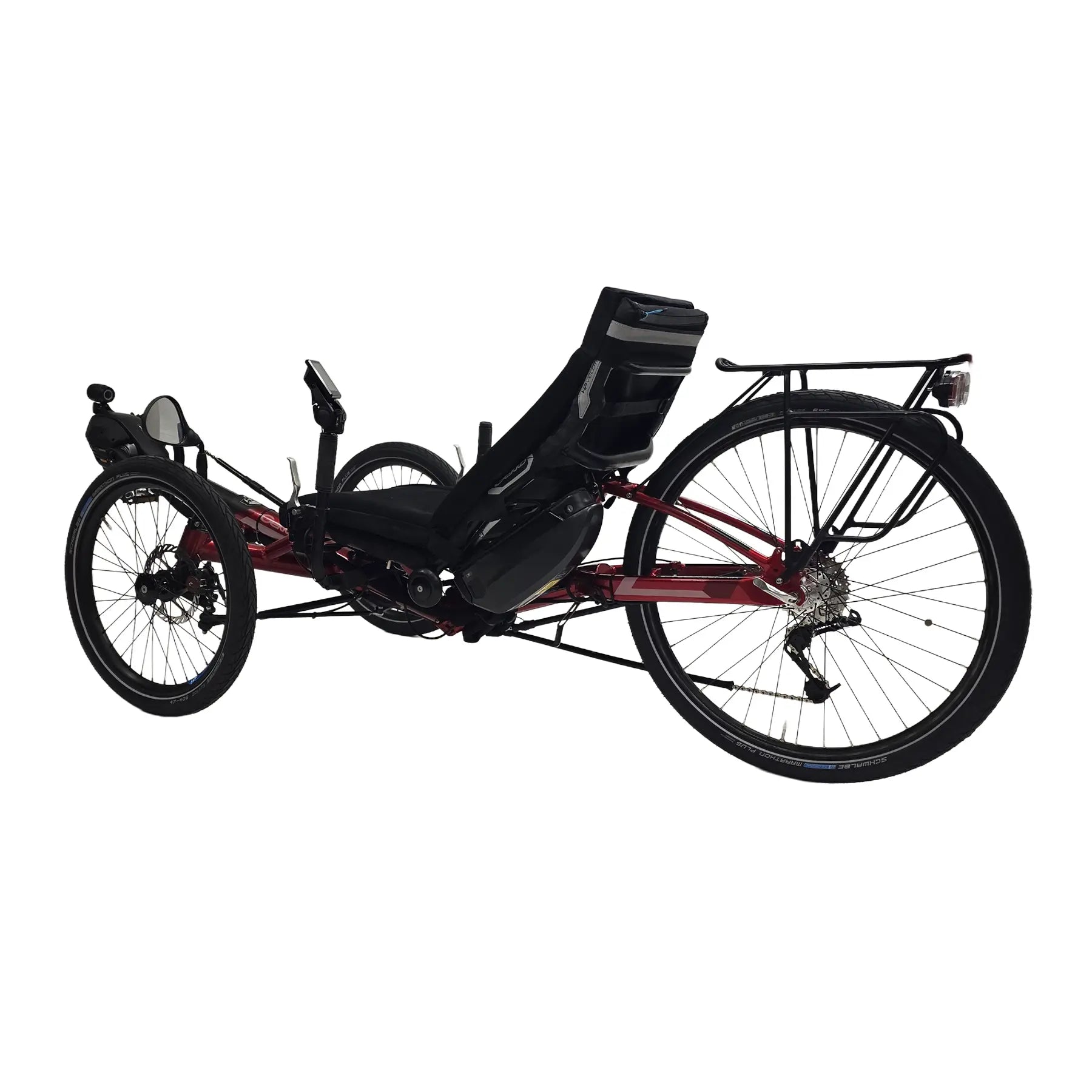 Angled non-drive side view of the HP Velotechnik Used Gekko FX 26 Red Recumbent Trike with New Shimano STEPS EP8 Kit against a white background.