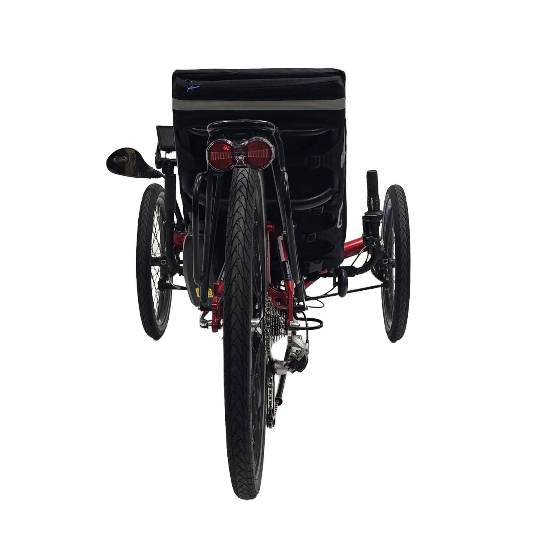 Rear view of the HP Velotechnik Used Gekko FX 26 Red Recumbent Trike with New Shimano STEPS EP8 Kit against a white background.