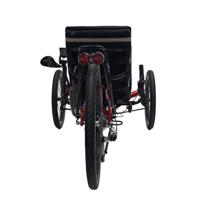 Rear view of the HP Velotechnik Used Gekko FX 26 Red Recumbent Trike with New Shimano STEPS EP8 Kit against a white background.