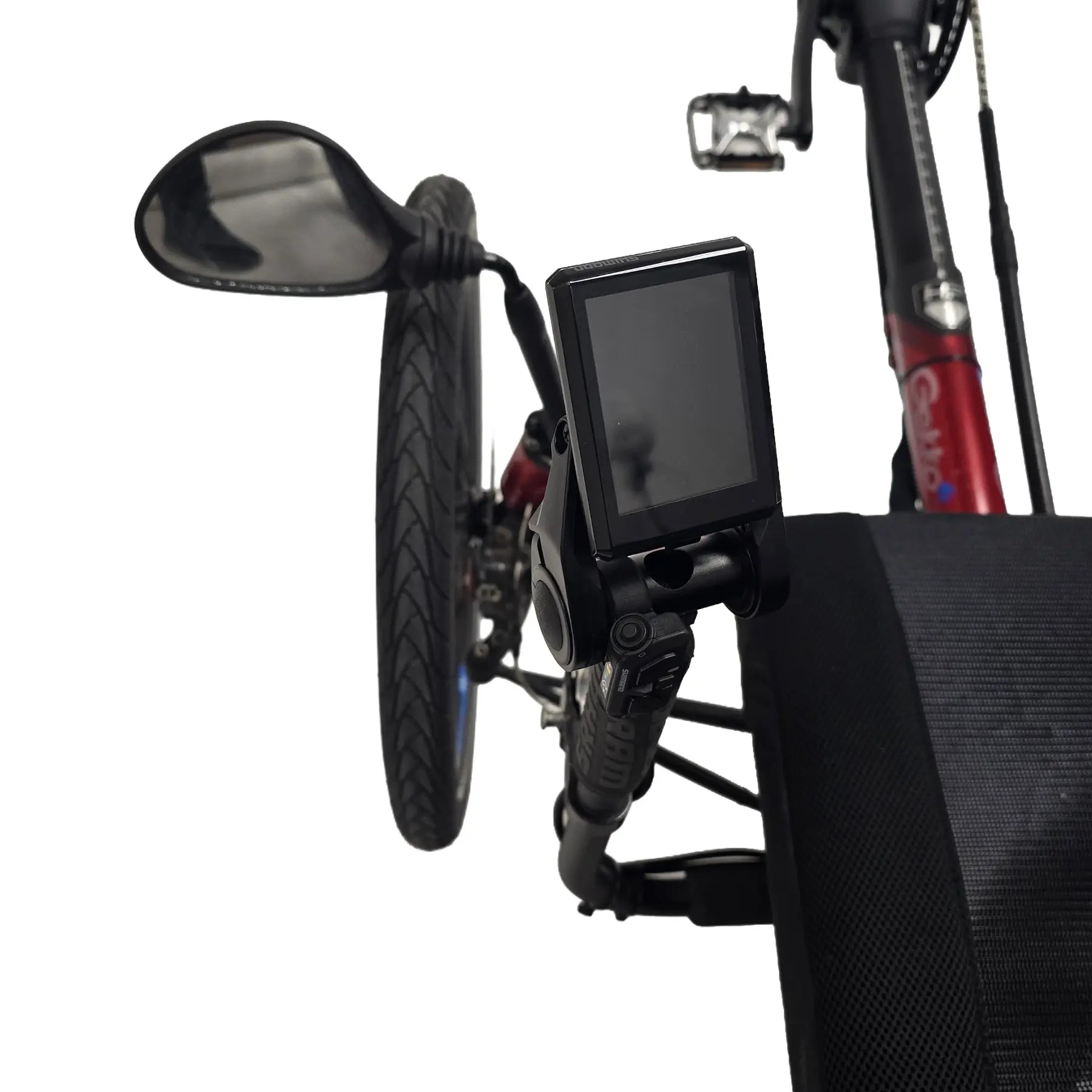 Closeup view of the mirror and e-assist controls on the HP Velotechnik Used Gekko FX 26 Red Recumbent Trike with New Shimano STEPS EP8 Kit against a white background.