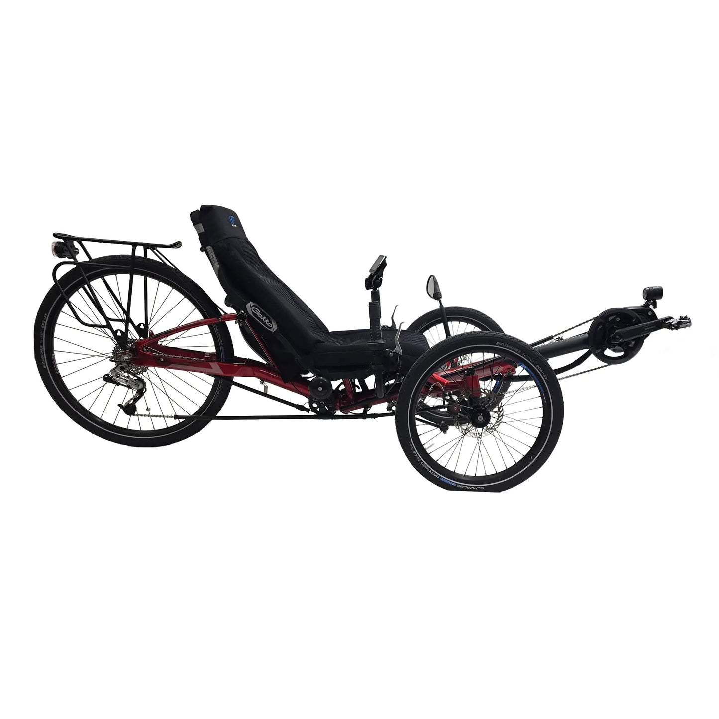 Side view of the HP Velotechnik Used Gekko FX 26 Red Recumbent Trike with New Shimano STEPS EP8 Kit against a white background.