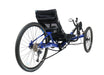 HP Velotechnik recumbent trike with 26 inch rear wheel and 20 inch front wheels in dark blue frame, back view of rear wheel and seat