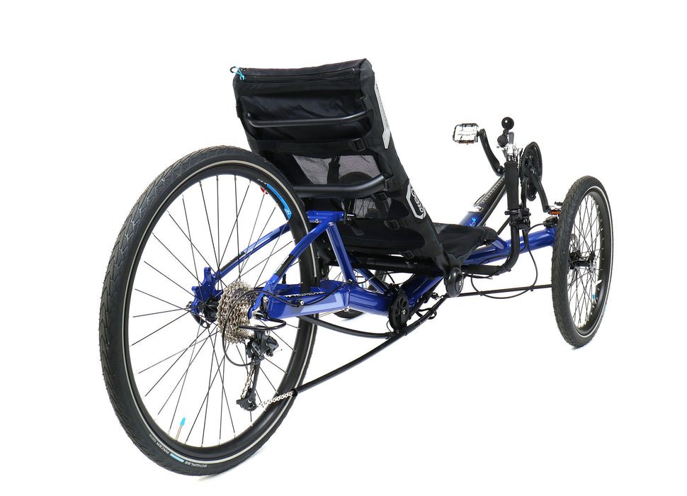 HP Velotechnik recumbent trike with 26 inch rear wheel and 20 inch front wheels in dark blue frame, back view of rear wheel and seat