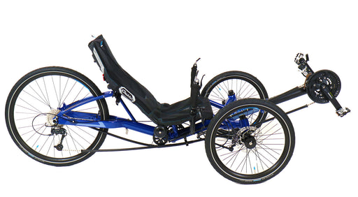 HP Velotechnik recumbent trike with 26 inch rear wheel and 20 inch front wheels in dark blue frame, right profile view
