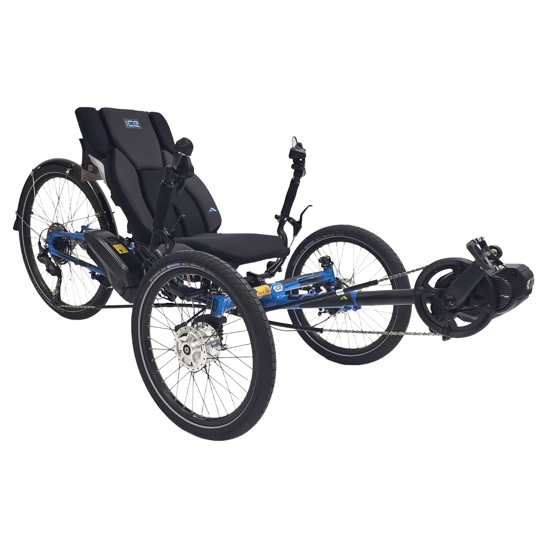 Angled side view of the ICE Adventure 26 FS Shimano STEPS EP8 11 Speed Compact Blue Recumbent Trike against a white background.