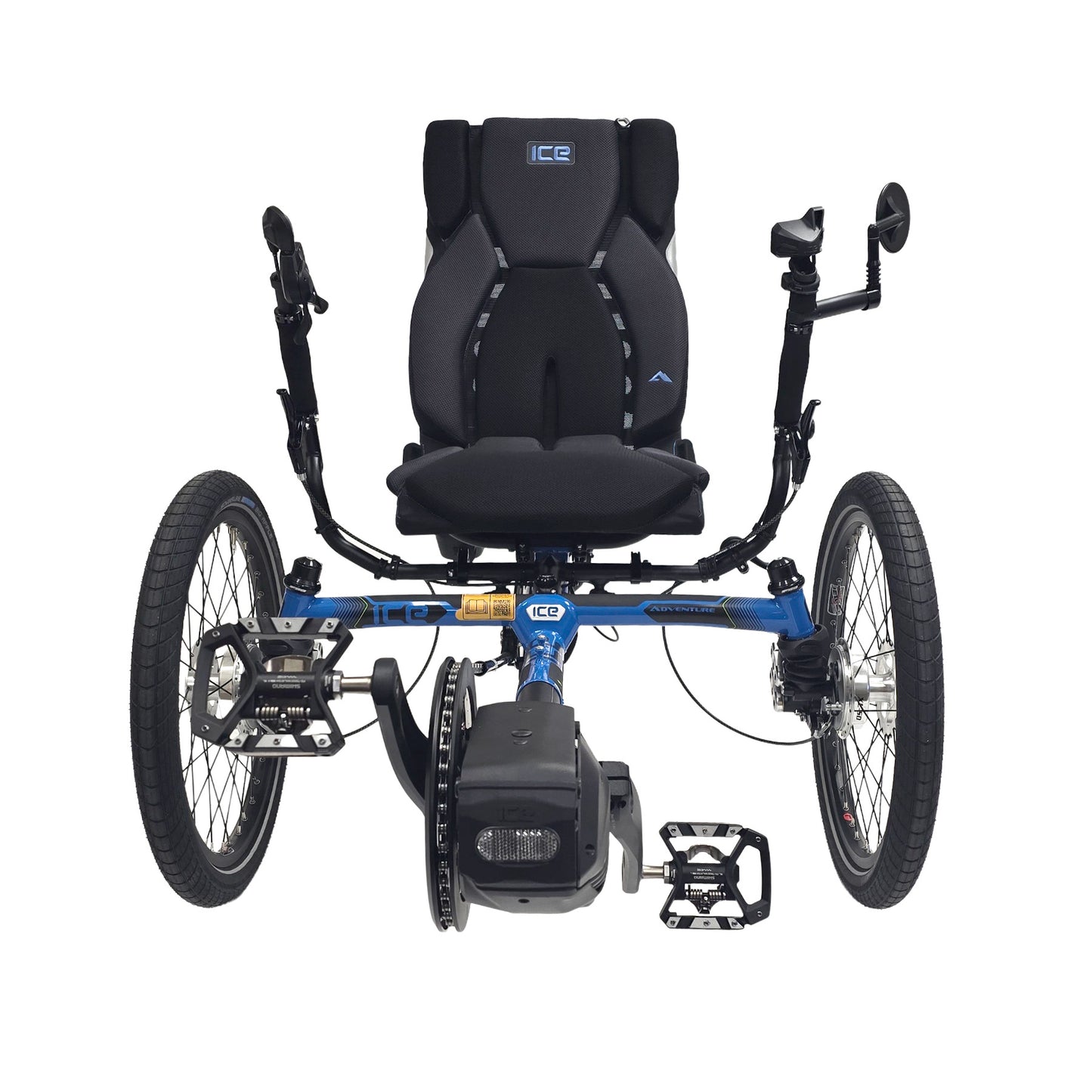 Front view of the ICE Adventure 26 FS Shimano STEPS EP8 11 Speed Compact Blue Recumbent Trike against a white background.