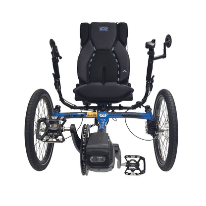 Front view of the ICE Adventure 26 FS Shimano STEPS EP8 11 Speed Compact Blue Recumbent Trike against a white background.