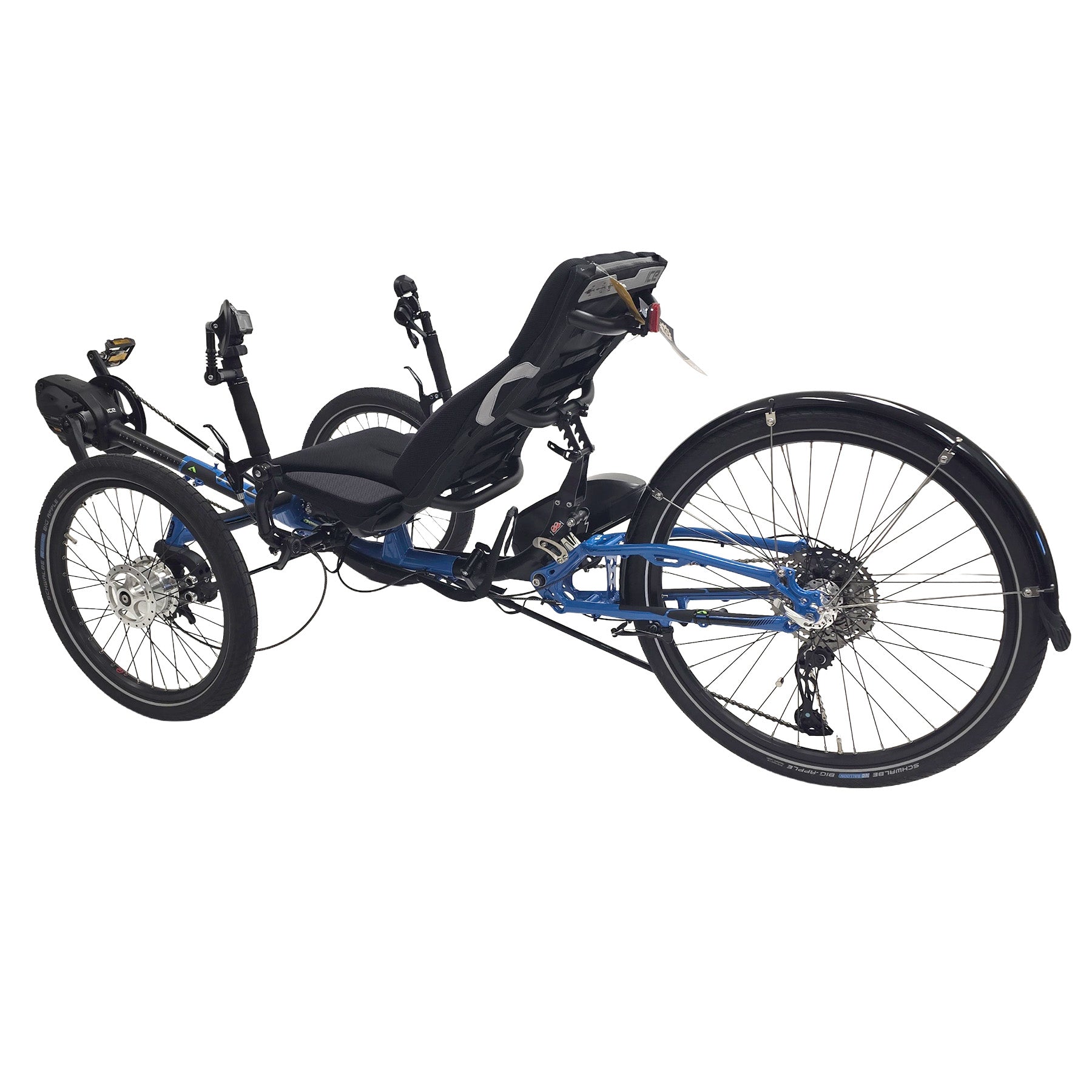 Angled non-drive side view of the ICE Adventure 26 FS Shimano STEPS EP8 11 Speed Compact Blue Recumbent Trike against a white background.