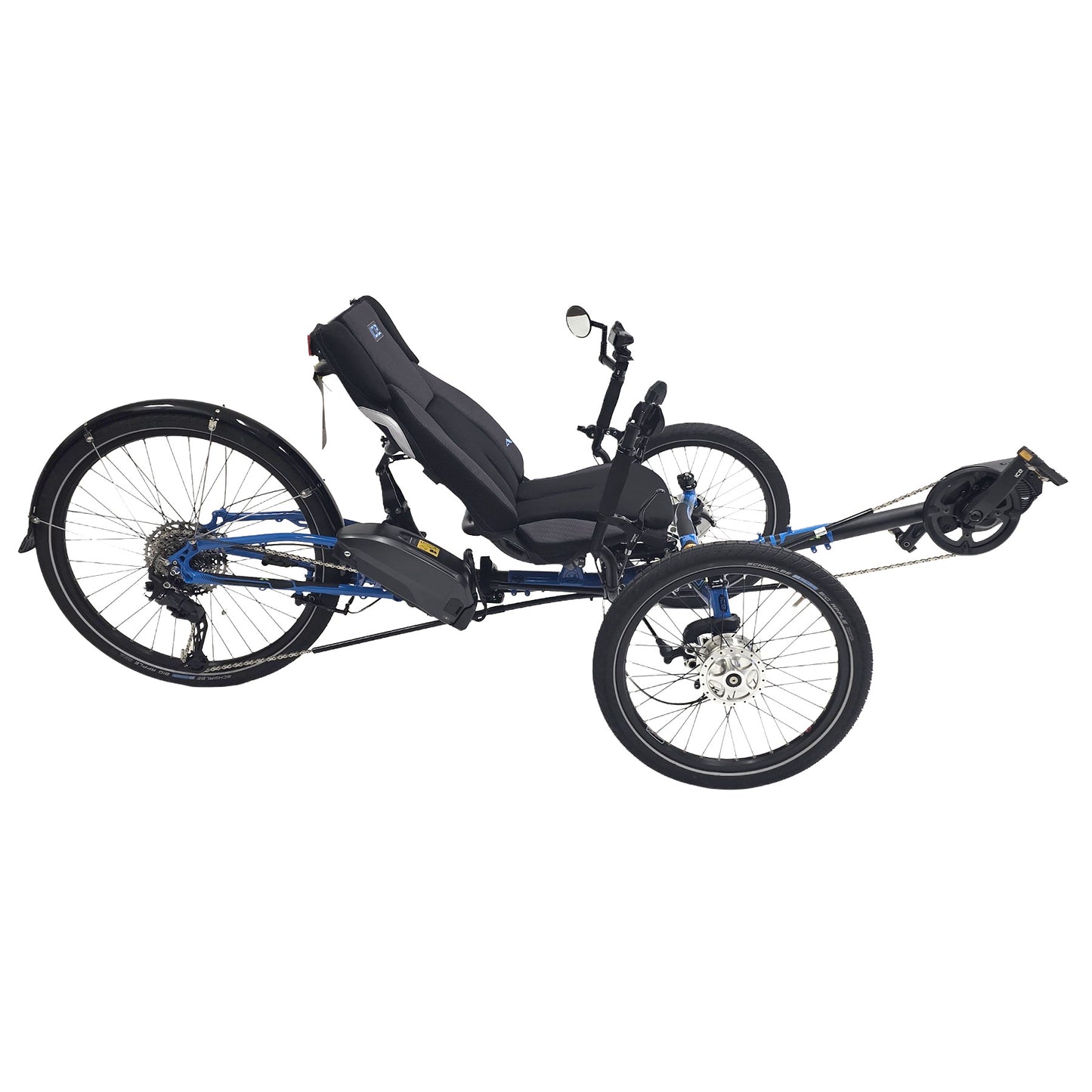 Side view of the ICE Adventure 26 FS Shimano STEPS EP8 11 Speed Compact Blue Recumbent Trike against a white background.
